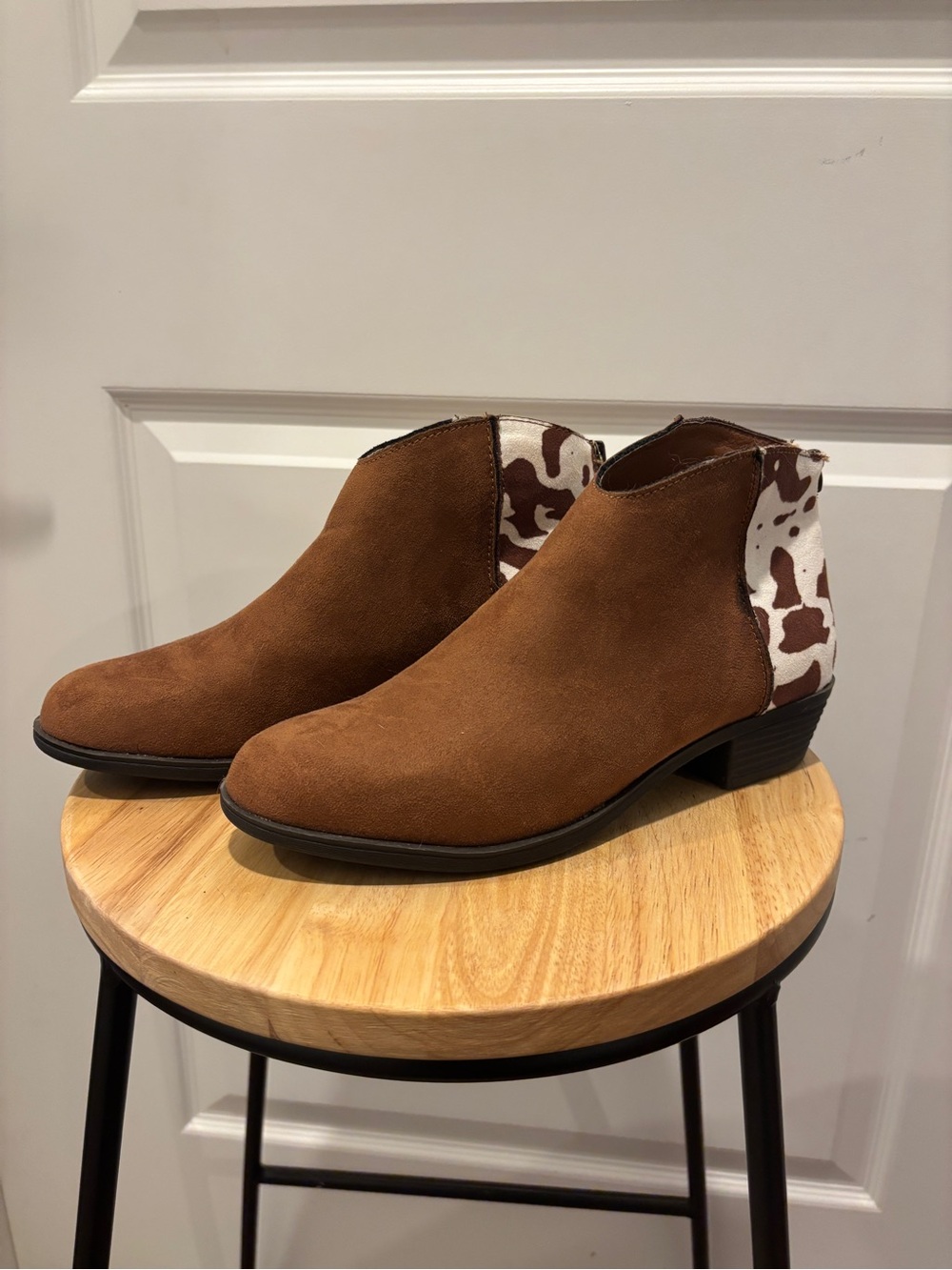 True Craft Brown Suede Ankle Booties with Cow-Print Heel
